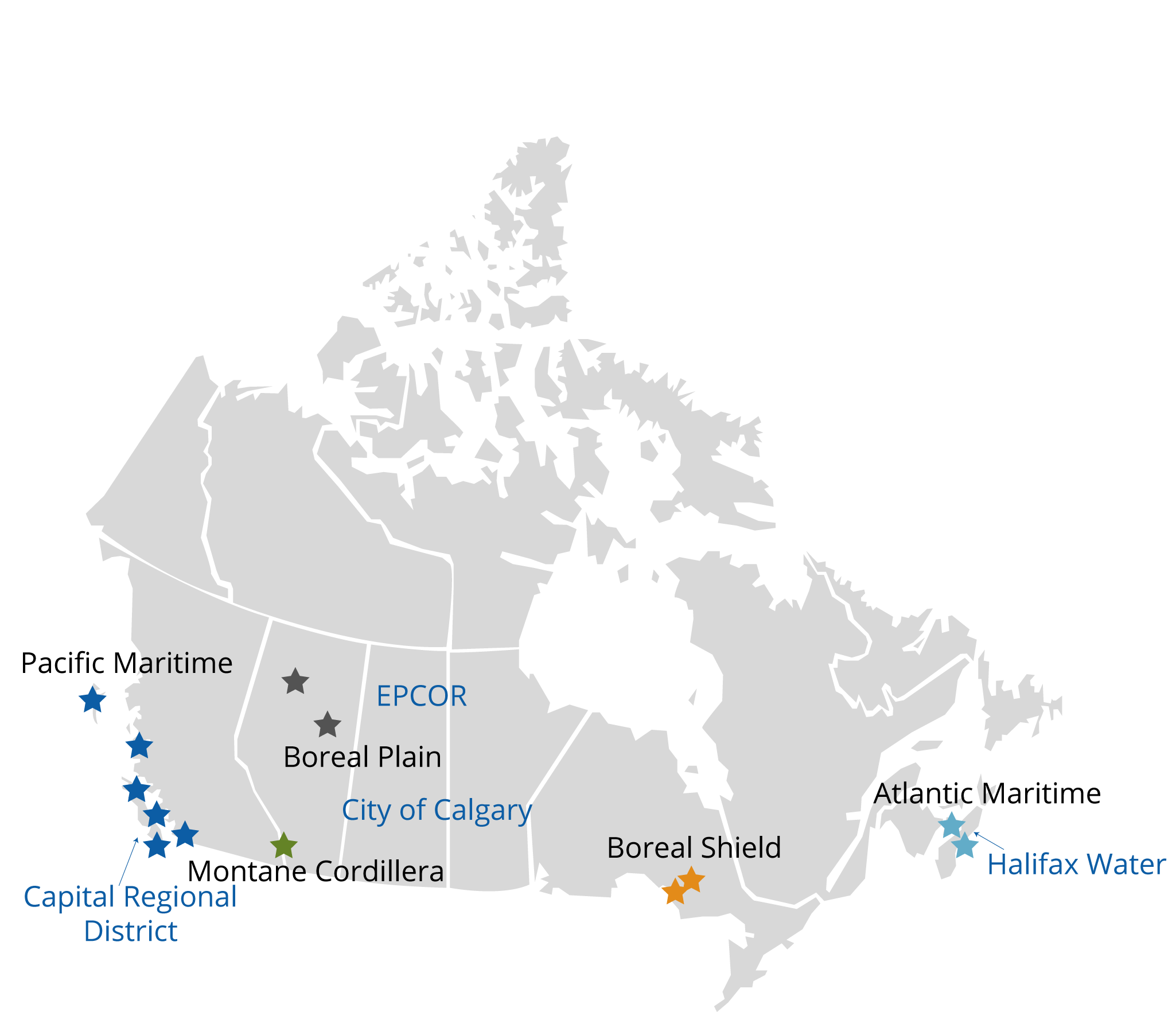 Map of Canada with locations of forWater study sites and participating institutions.