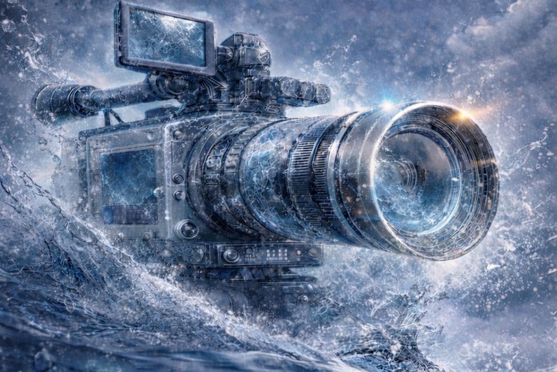 Poster for the Water Film Night event. A video camera is positioned epicly within crashing waves of water. Text reads: Water Film Night, a special documentary screening event. Grad House Upstairs Lounge, March 12, 2026, 4:30 pm to 6:30 pm. Food available.