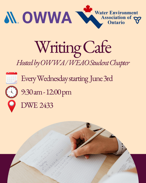 Poster for the Writing Cafe event. Every Wednesday starting June 3, 9:30am-12:00pm, Room D.W.E. 2433