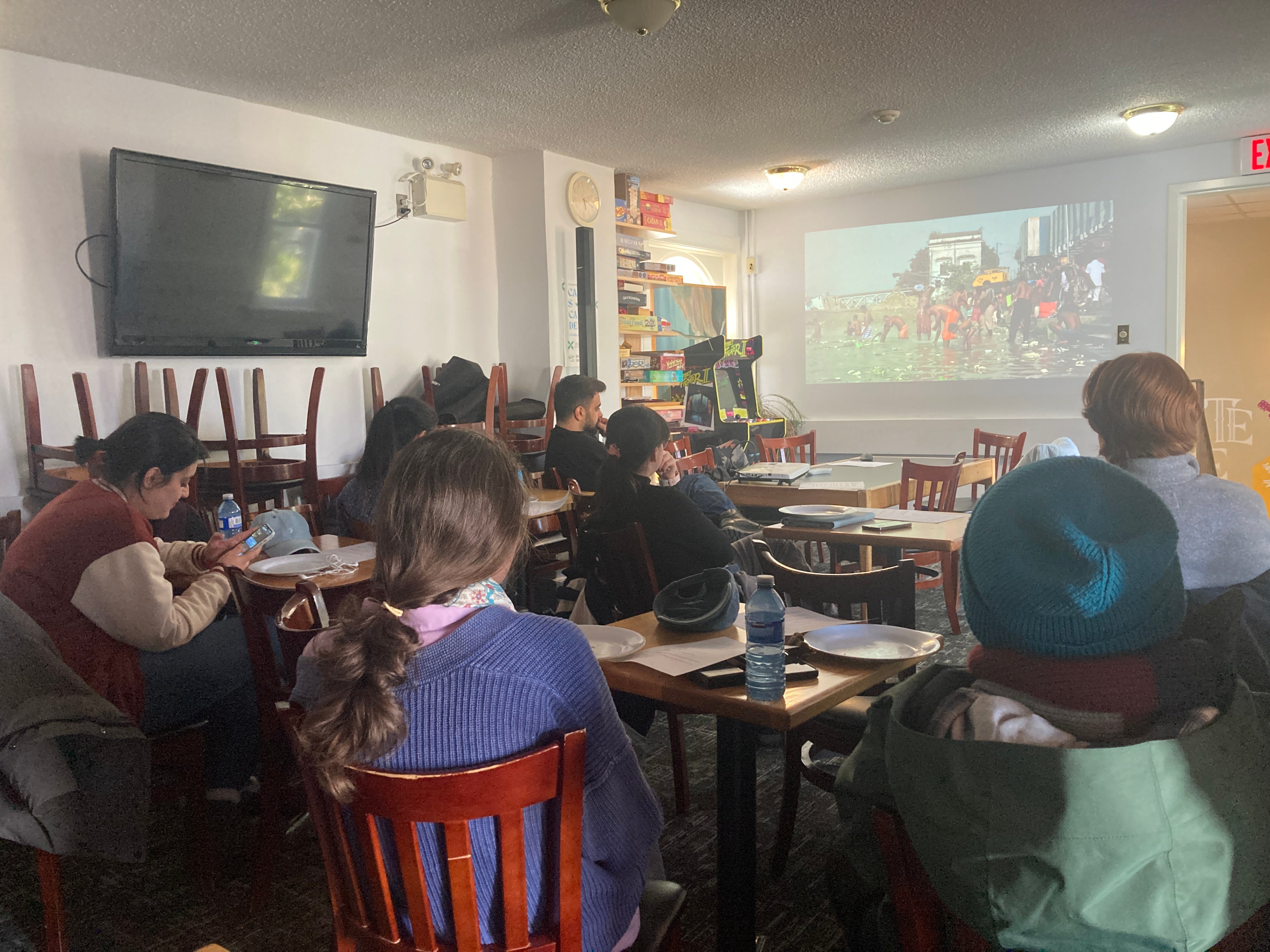 Students attending the water film night event
