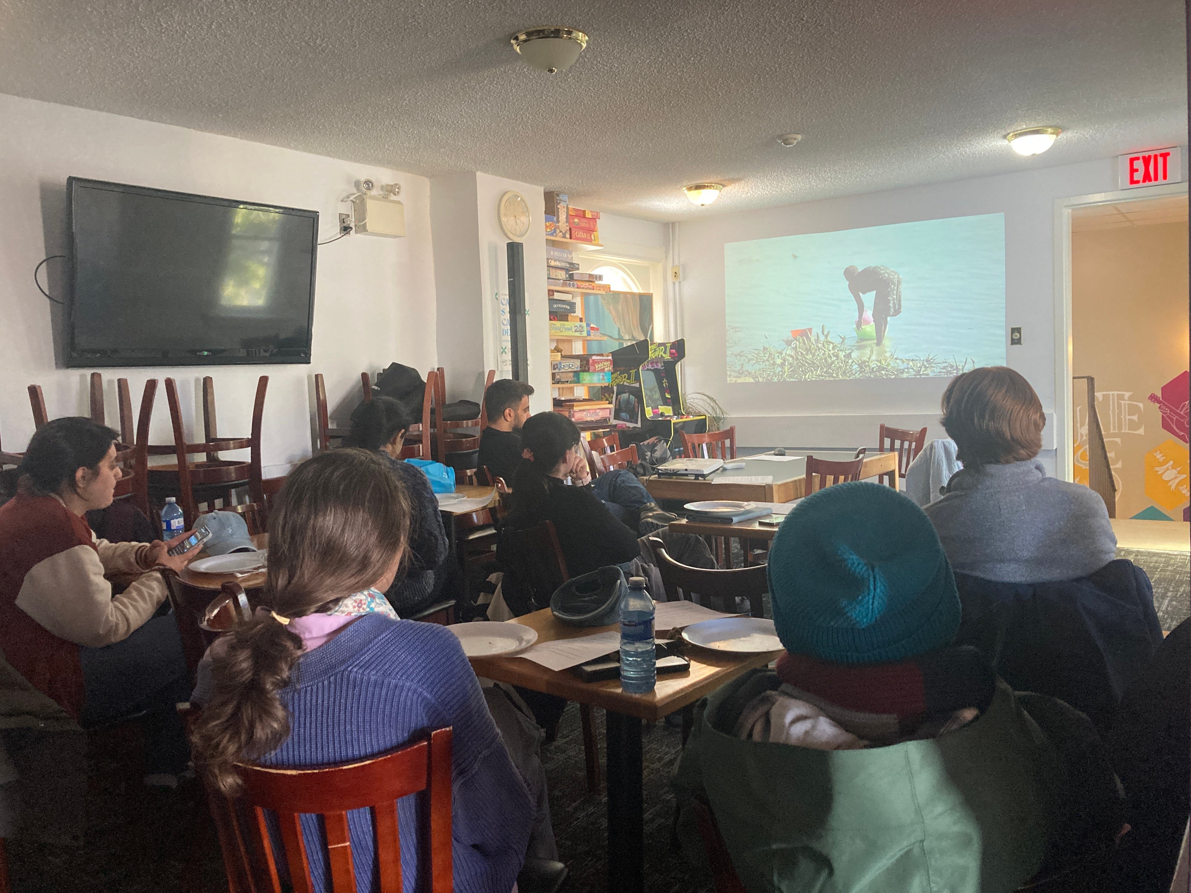 Students attending the water film night event