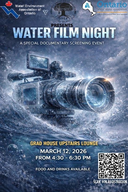 Poster for the Water Film Night event. A video camera is positioned epicly within crashing waves of water. Text reads: Water Film Night, a special documentary screening event. Grad House Upstairs Lounge, March 12, 2026, 4:30 pm to 6:30 pm. Food available.