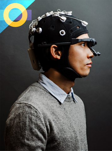Research participant wearing a motion tracking device on their head