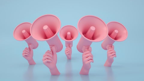 Illustration of pink hands holding megaphones