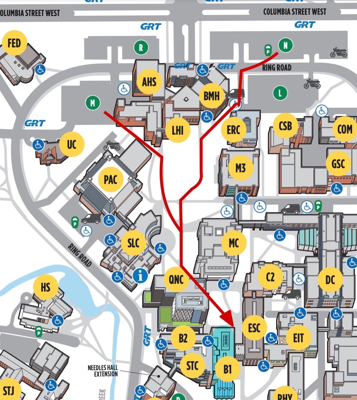 Campus map: directions from public parking to B1