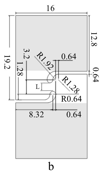 Micro-shear specimen geometry. Dimensions are in mm. Shaded regions correspond to the grip area.