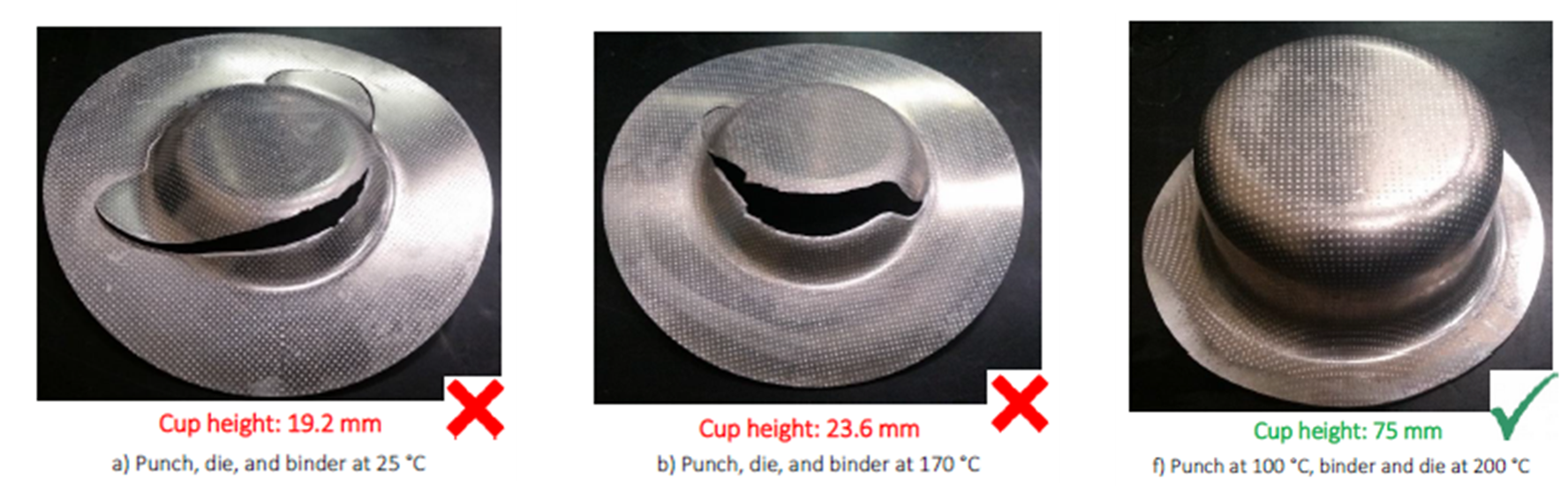 Examples of 7075-T6 deep-drawn cups under different thermal conditions