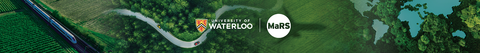 University of Waterloo logo with the MaRS logo on top of a collage of a train, car, and plane