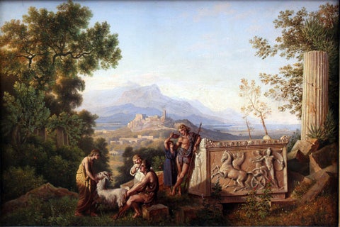 Idealized ancient Greek landscape featuring shepherds, classical ruins, trees, mountains, and a temple in the distance beneath a clear sky.