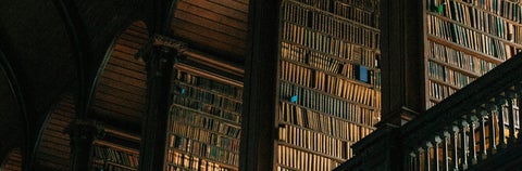 Library bookshelves in dark lighting.