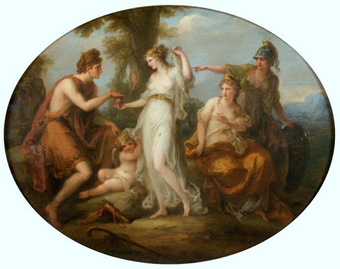 Classical mythological scene showing Paris presenting the golden apple to Aphrodite while Hera, Athena, and Cupid stand nearby in a pastoral landscape.