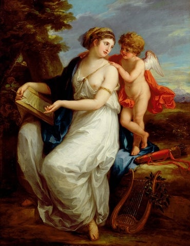 Painting of Erato, the Muse of Lyric Poetry, seated with a lyre while a winged Cupid leans over her shoulder and gestures toward an open book.