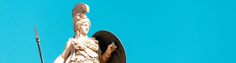 Image of Athena with a spear and shield against a turquoise background.