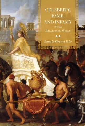 Golden cover of Celebrity, Fame, and Infamy in the Hellenistic World showing a classical parade scene.