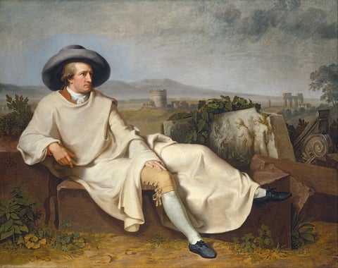 Portrait of Johann Wolfgang von Goethe seated among ancient Roman ruins in the Campagna, wearing a broad-brimmed hat and light travelling cloak, with classical monuments in the background.