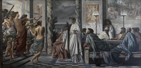 Large historical painting showing Plato’s Symposium, with ancient Greek philosophers reclining at a banquet while musicians and attendants gather in a grand classical interior.