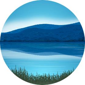 Landscape view of the horizon with green grass, light blue water, darker blue hills and light blue sky