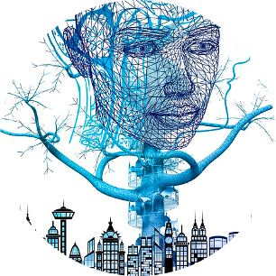artistic drawing of a face and what look like neural networks above a city skyline