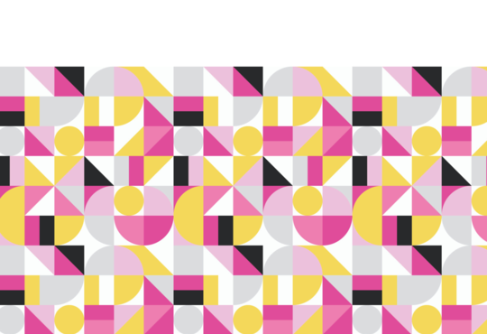 WWIN banner with mosaic pattern black, pink, white and gold