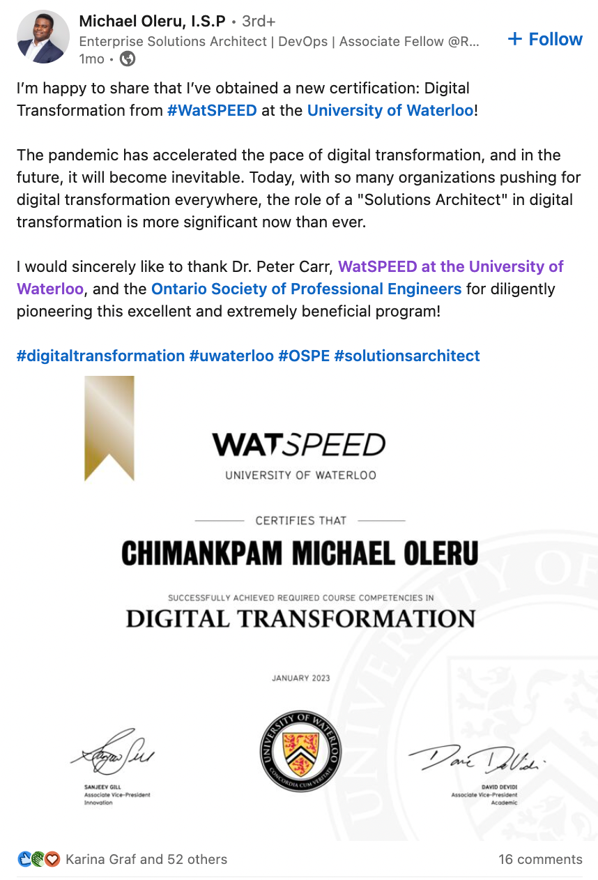 LinkedIn Post about the Digital Transformation program from Michael Oleru