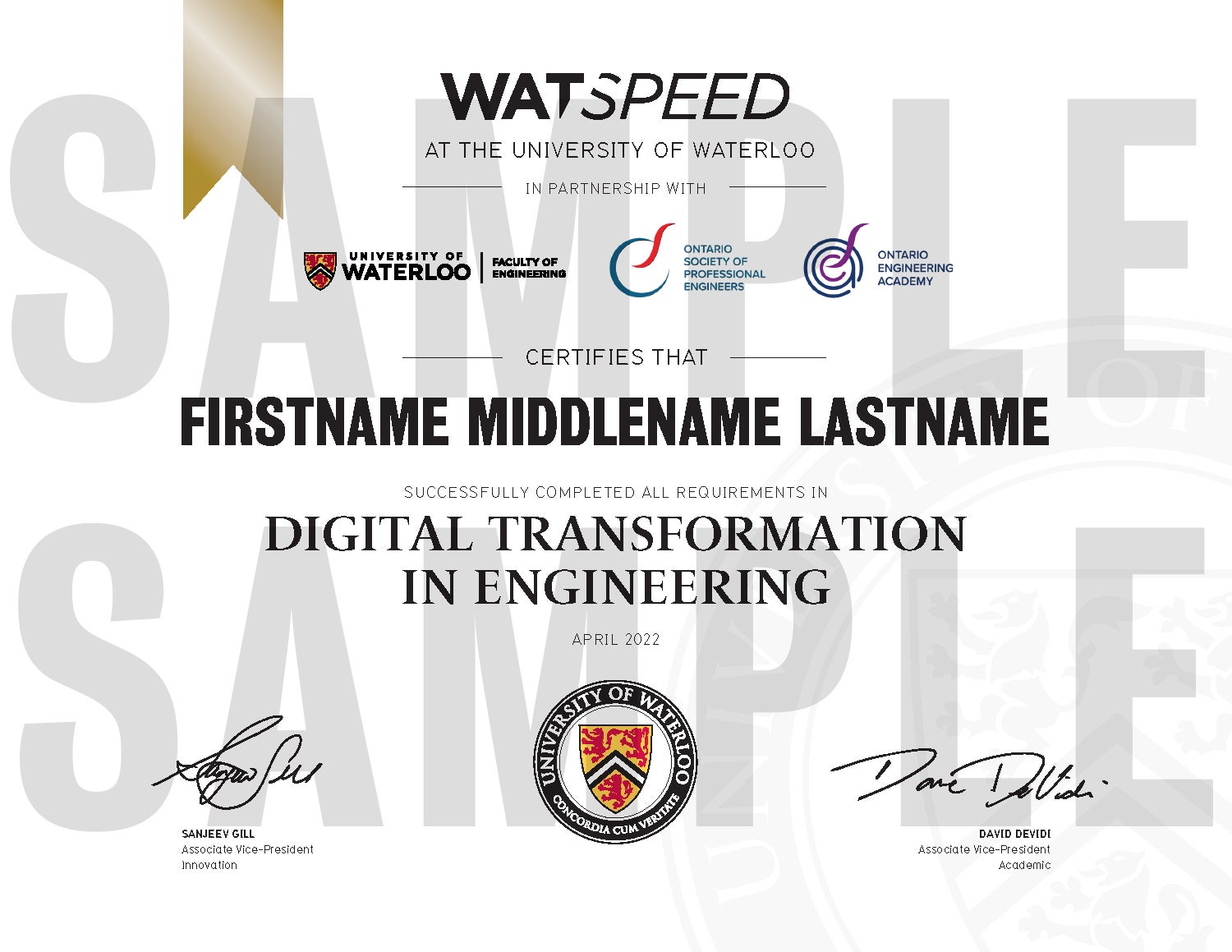 Sample of the WatSPEED University of Waterloo course certificate
