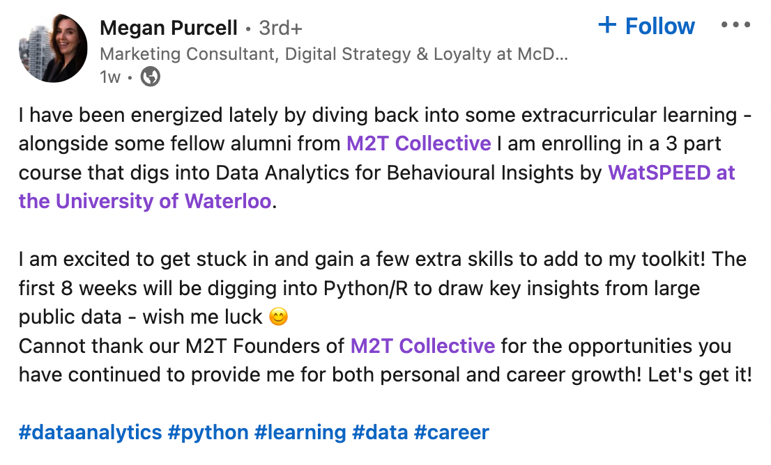 LinkedIn post from Megan Purcell about the partnership and WatSPEED courses.