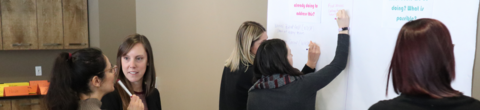 people writing on a white board