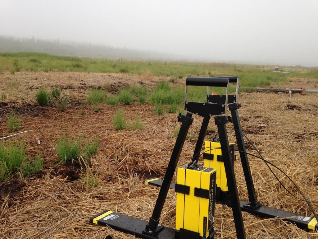 Ground penetrating radar in a foggy, cutover peatland.