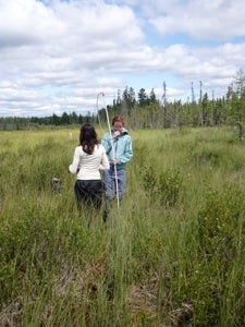 Two researchers measuring hydraulic conductivity in the field.