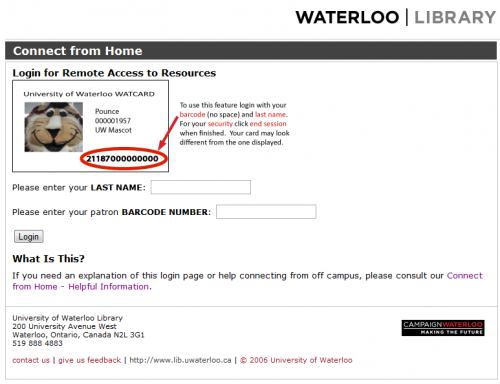Screen shot of the 'connect from home' web page of the University of Waterloo library