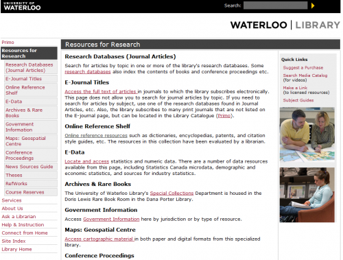 Screen shot of University of Waterloo library website