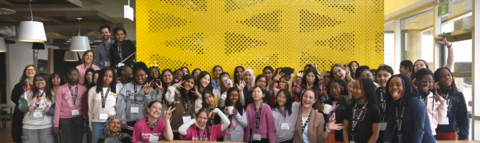 Technovation 2025 Workshop #2 group photo of participants and volunteers making silly faces
