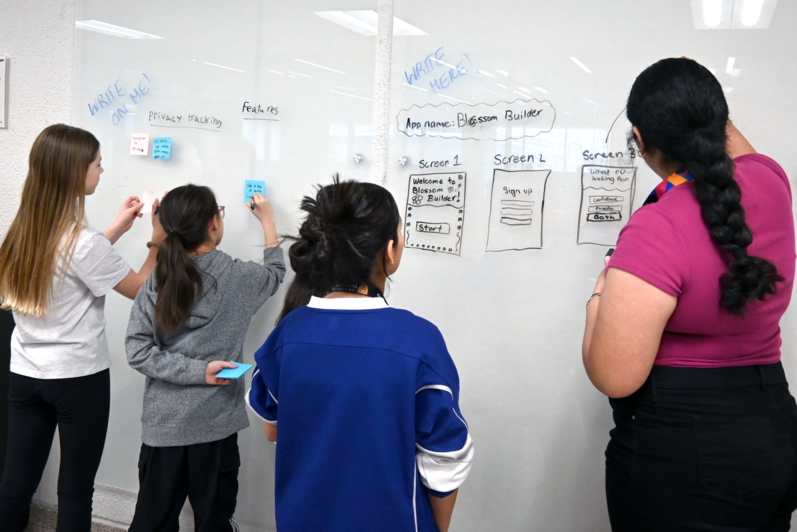 4 participants mapping out their ideas on a whiteboard