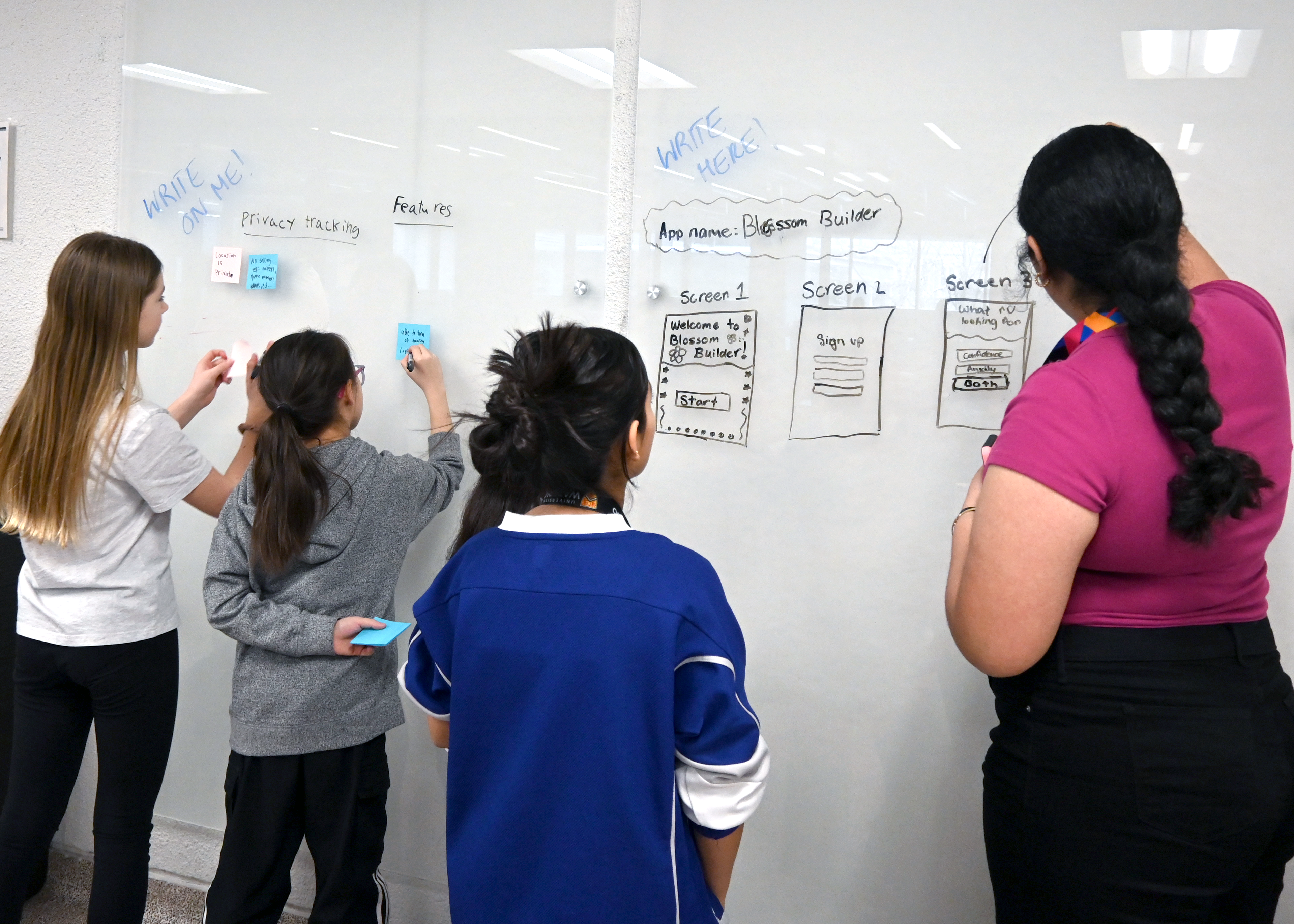 4 participants mapping out their ideas on a whiteboard