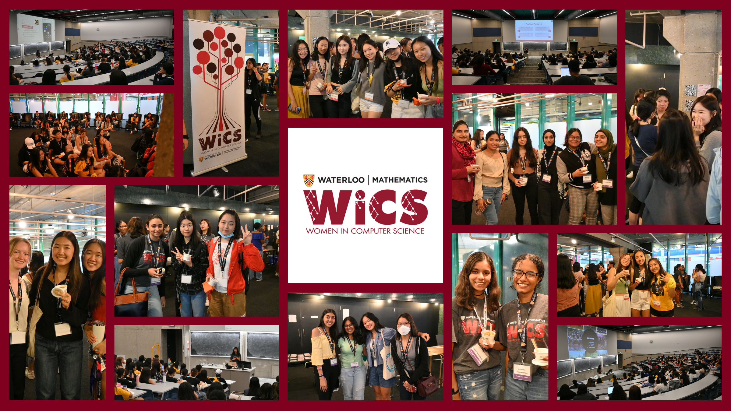 A banner including 14 photos of WiCS students at WiCS Orientation 2022