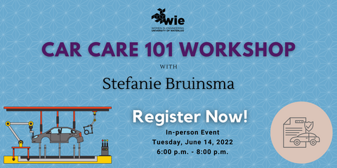 Poster mentioning car care 101 workshop with stefanie bruinsma on June 14th from 6:00-8:00 PM, it has an image for a car mounted