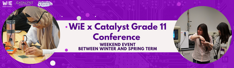Promotional image for WiE x Catalyst Conference, shows girls soldering and controlling robots