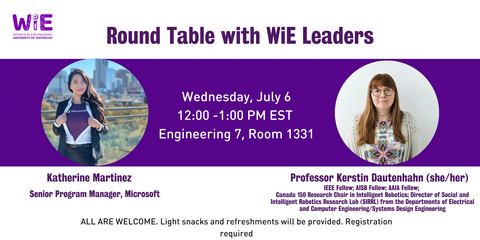 Banner about roundtable discussions, with an image of Katherine martinez and Kerstin Dautenhahn and includes info on event