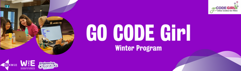 Promotional image for Go Code Girl, winter program, showing girls laughing around a computer