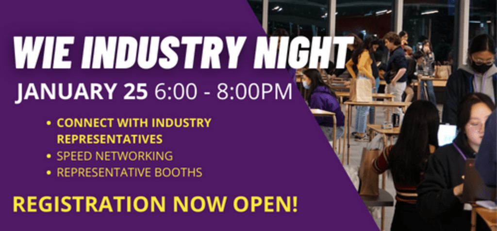 Banner with WiE Industry Night in big text, registration now open!
