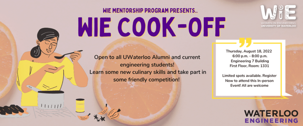 banner providing info on mentorship cook-off workshop and an illustration of a person cooking a meal