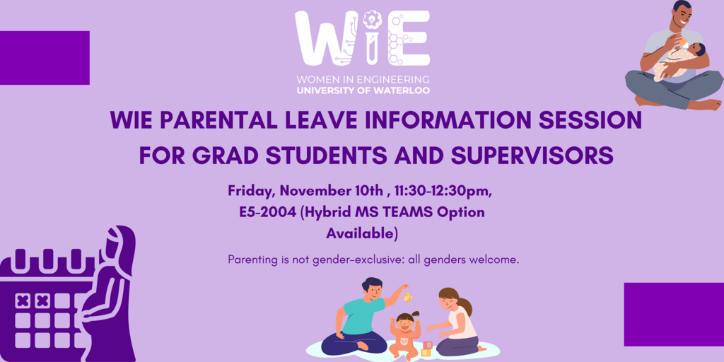 Pictures of parents with babies and details of the Parental Leave Information Session for Grad Students