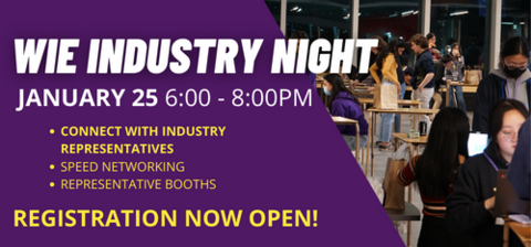 Banner with WiE Industry Night in big text, registration now open!