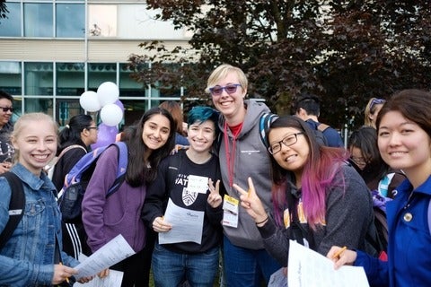 photo of a group of 6 women in engineering students smiling at the camera at the Welcome BBQ Event