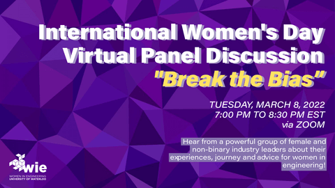 Poster containing info on International Women's Day Panel Discussion event on March 8th via Zoom from 7:00 PM-8:30 PM