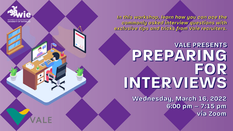 Poster mentioning Vale's Preparing for Interviews Workshop on March 16th from 6:00 PM-7:15 PM on Zoom with an icon of a person