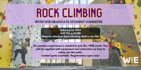 Girl rock climbing in background with event description over top