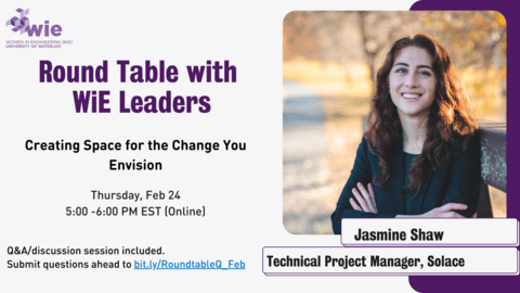 Poster mentioning the Round table talk with WiE Leader Jasmine Shaw and includes the date, time and image of Jasmine Shaw