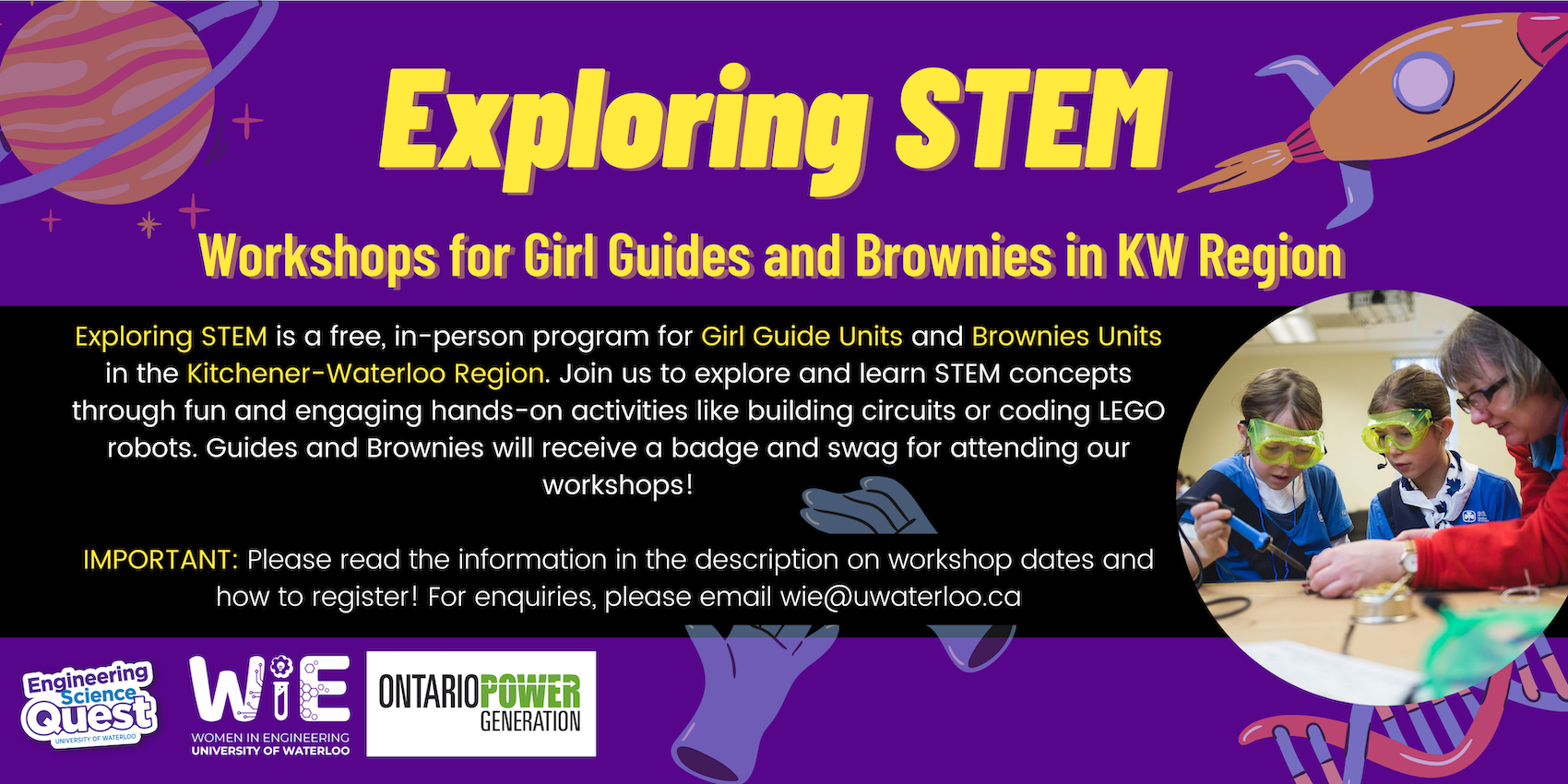 Banner about exploring stem workshop for girl guides and brownie units, includes an image of brownies and some planets images