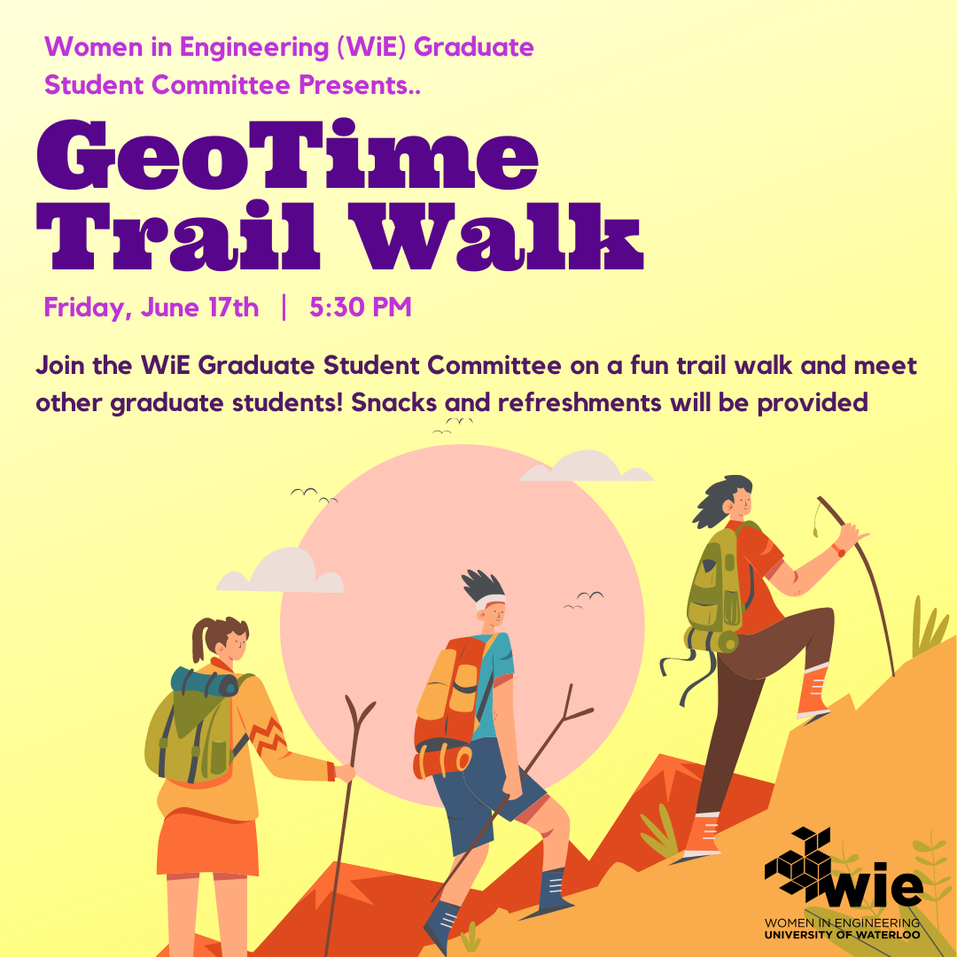 Poster including info about trail walk event with a graphic of a people hiking with poles on a mountain